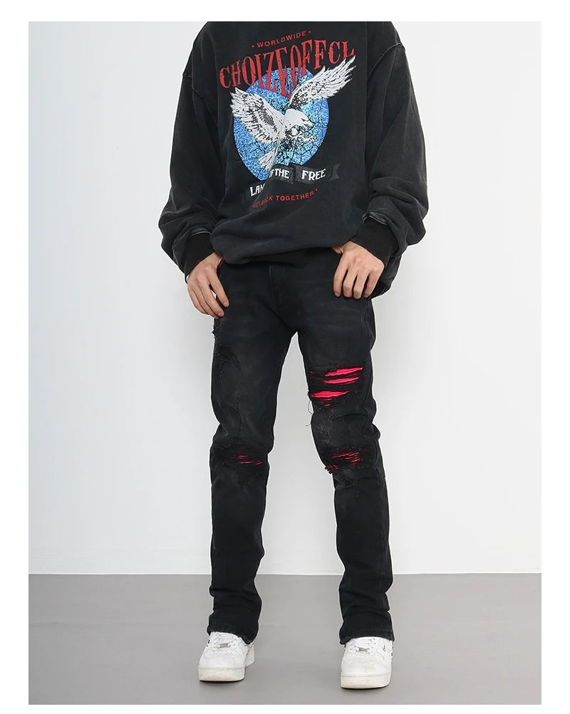 knee ripped patchwork jeans for men hip hop skinny biker taped jean trouser slim fit black denim pants fashion streetwear jogger unique joggers style 3018