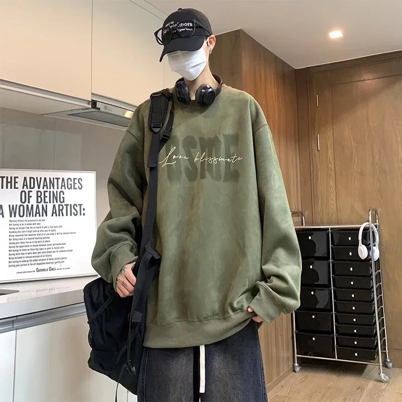 New In Letter Printed Suede Sweatshirts For Men Autumn Y2K Streetwear