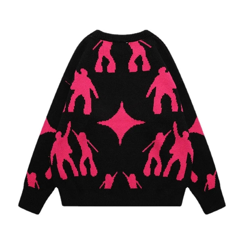 fashion knitted sweater unisex harajuku anime pattern sweaters casual pink color pullover streetwear sweaters jumpers knitwear aesthetic street look hoodie, oversized graphic print design, Y2K vintage urban hoodie