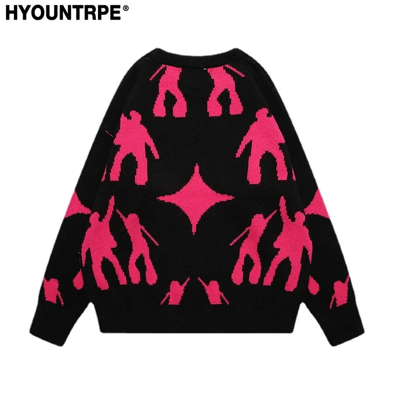 fashion knitted sweater unisex harajuku anime pattern sweaters casual pink color pullover streetwear sweaters jumpers knitwear aesthetic street look hoodie, oversized graphic print design, Y2K vintage urban hoodie