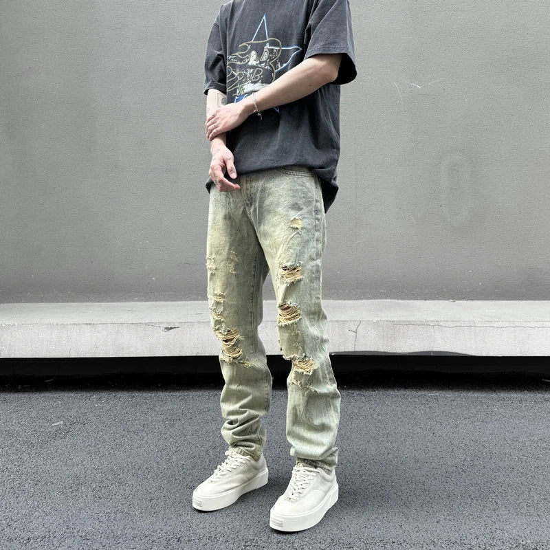 retro washed skinny jeans men pant destroyed ripped holes slim biker zipper jeans trousers fashion streetwear hip hop joggers unique joggers style 5226