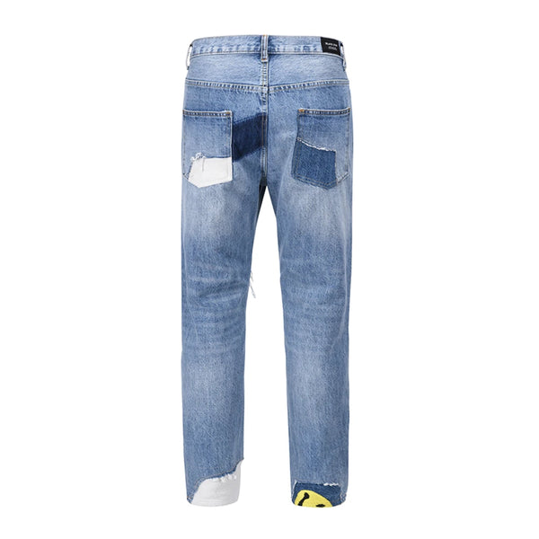 high street floral embroidery patchwork ripped blue jeans pants for male retro straight casual denim trousers oversized jean urban skinny jeans