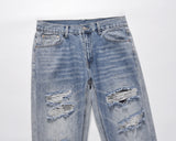 street wear washed hole destroyed skinny jeans denim hip hop blue cylinder male casual slim jeans pants ripped denim trousers unique jeans style 259