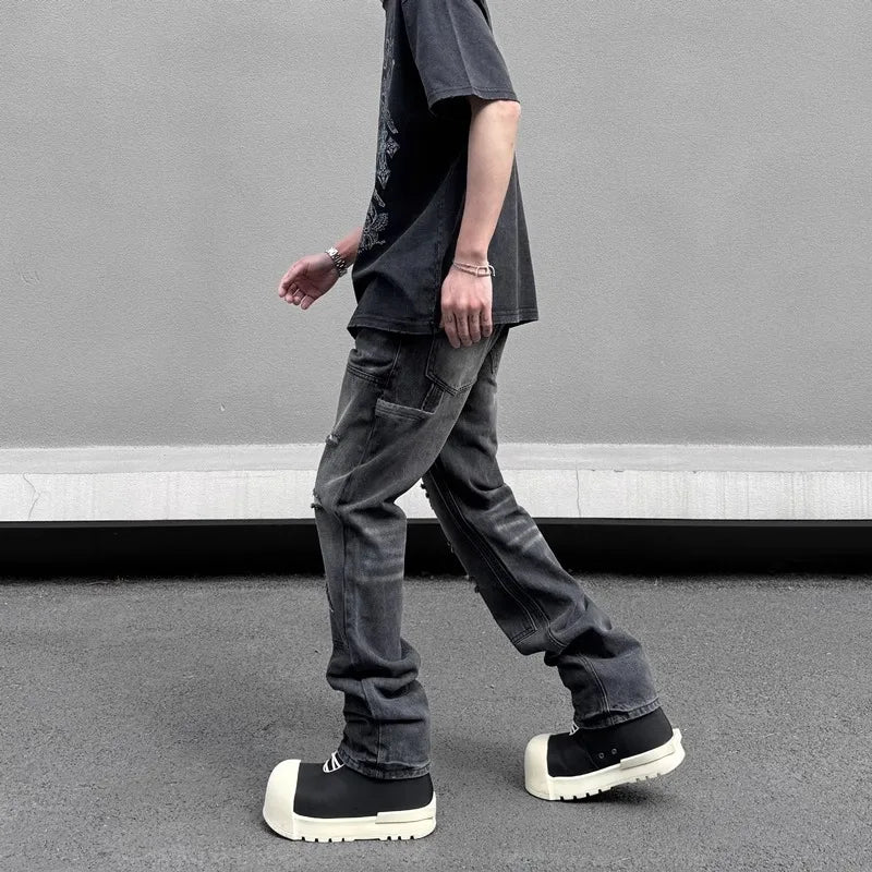 high street distressed black hole washed destroyed jeans casual ripped logging pants straight wide leg denim pants for men unique jeans style 85