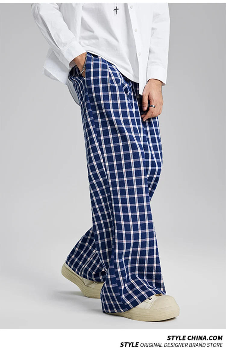 men women american streetwear fashion loose plaid wide leg straight pant boyfriend button down sports casual pants trousers unique default style 1436