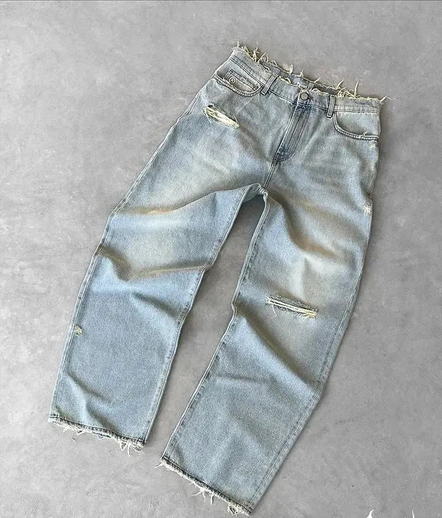 baggy jeans for men y2k hip hop distressed retro black pants oversized embroidery harajuku gothic wide leg trousers streetwear unique jeans style 389