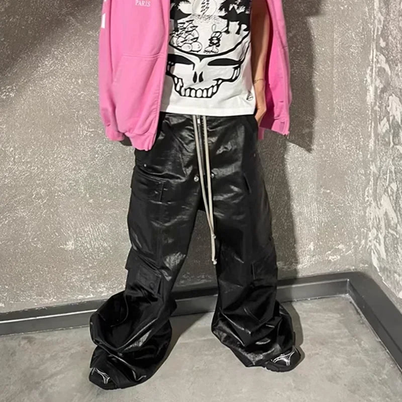 ro style glossy black pu leather pants for men high street y2k pantalones hombre baggy overall wide leg drawstring cargos unique cargo style 5644