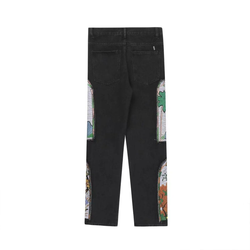 harajuku fashion embroidered patches straight denim pants hip hop washed torn jeans black blue patchwork y2k jeans baggy men unique jeans style 1546