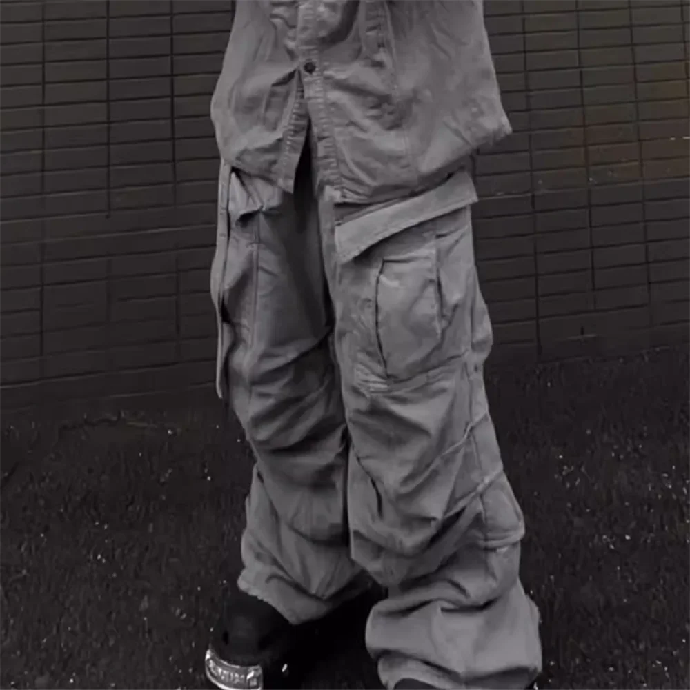 streetwear big pockets sashes pleated baggy jeans for men and women washed straight casual cargo pants oversize denim trousers utility cargo pants