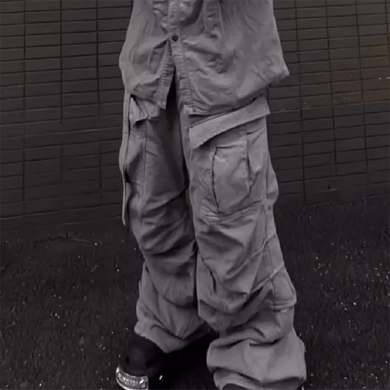 streetwear big pockets sashes pleated baggy jeans for men and women washed straight casual cargo pants oversize denim trousers utility cargo pants