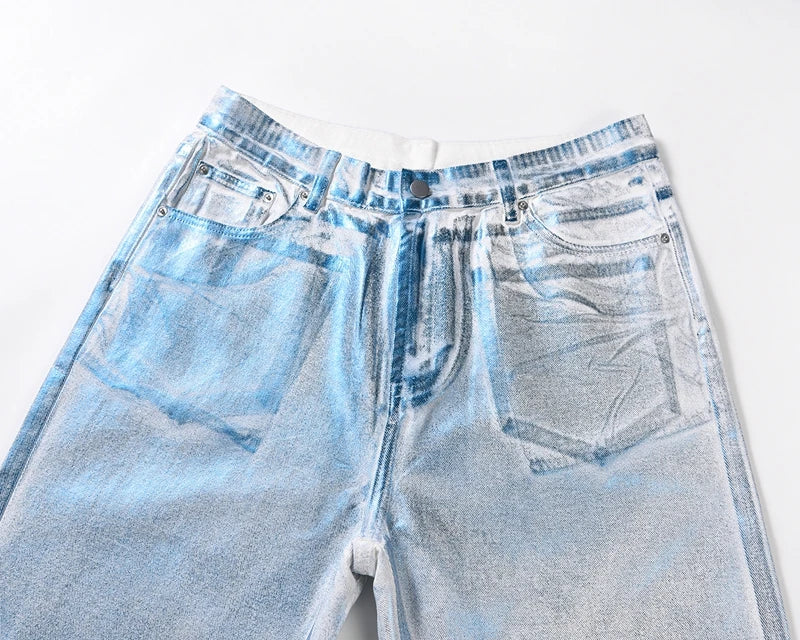 european and american retro blue reflective wax printing jeans pants slim splashing ink cleanfit couple straight leg jeans male unique jeans style 1114