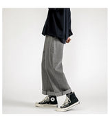 korean fashion mens baggy jeans classic all match solid color straight leg denim wide leg pants male light blue grey black unique jeans style 1148
