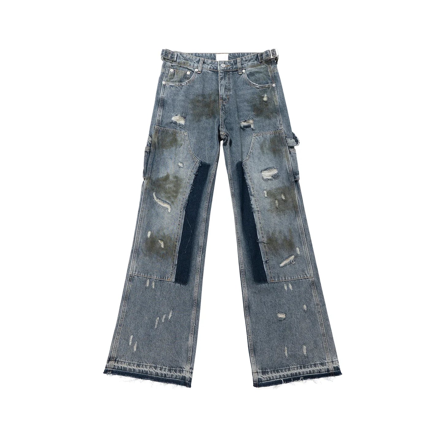 Streetwear Handmade Mud Dyed Dirty Blue Baggy Jeans for Men Distressed Hole Casual Patchwork Denim Trousers Oversized