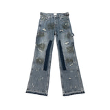Streetwear Handmade Mud Dyed Dirty Blue Baggy Jeans for Men Distressed Hole Casual Patchwork Denim Trousers Oversized