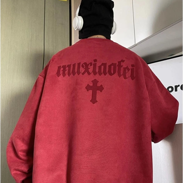 Winter Korean Trendy Suede Sweatshirt for Men in Autumn New Y2K American High Street Handsome Long-sleeved Couple Printed Top
