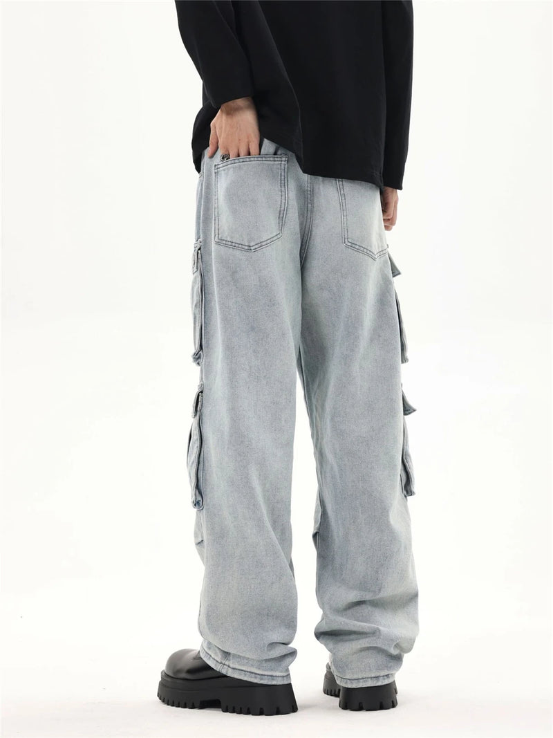 2024 multi pocket jeans vintage mens harajuku cargo denim pants retro hip hop straight loose jean pants unique cargo style 895
