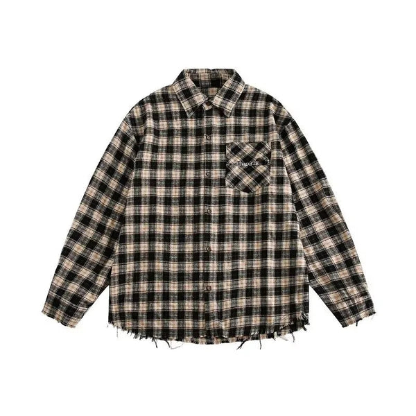 japanese college mens sets rough edge embroidery plaid shirt jackets big pocket retro cargo pants 2 pcs 2024 new casual suits unique cargo style 4450