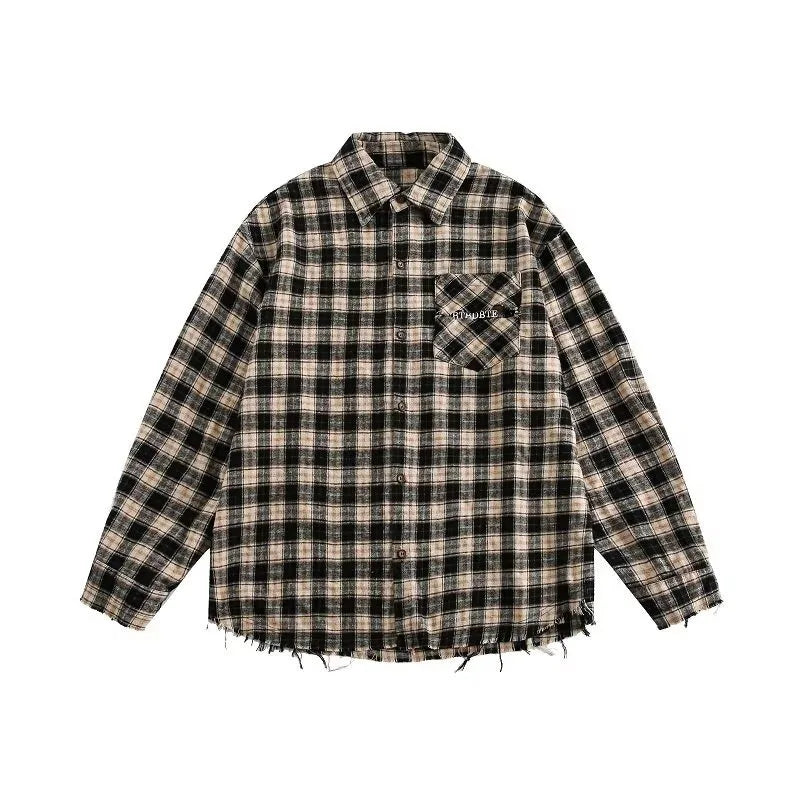 japanese college mens sets rough edge embroidery plaid shirt jackets big pocket retro cargo pants 2 pcs 2024 new casual suits unique cargo style 4450