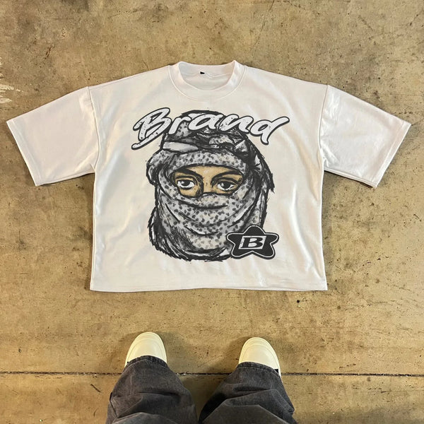 urban streetwear t-shirt featuring bold cartoon distortion art