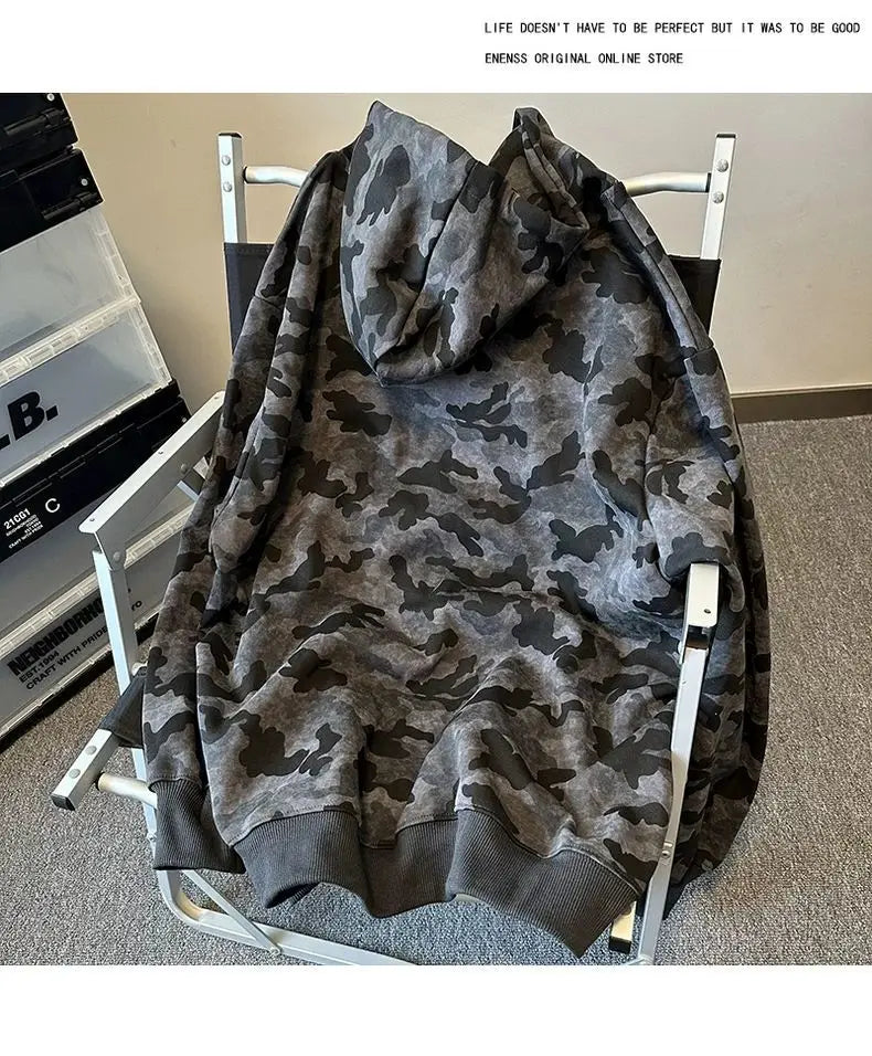American Retro High Street Camouflage Cardigan Hooded Sweatshirt Winter Men Women Ins Fashion Brand Street Zipper Jacket Top