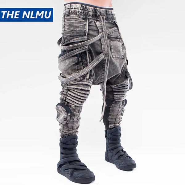 vintage motorcycle trousers joggers mens asymmetric straped pleated cross pants function elastic waist trousers relaxed fit joggers