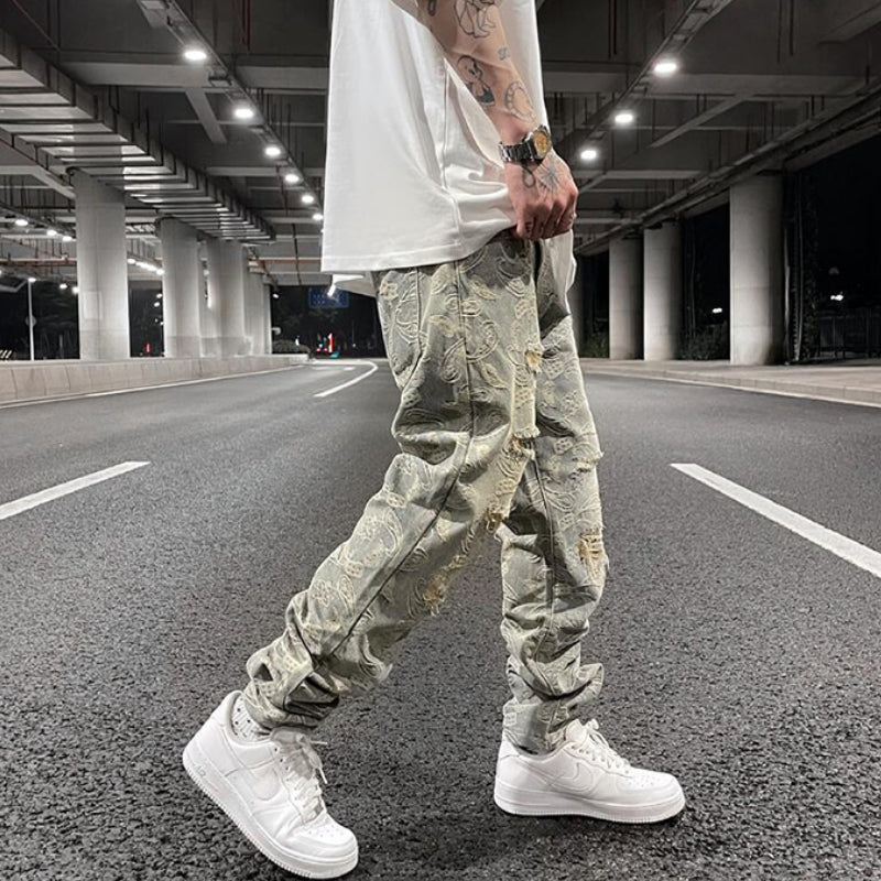 fashion paisy denim jeans mens destoryed holes zipper jeans pants hip hop streetwear new summer casual joggers loose jeans pants unique joggers style 2242
