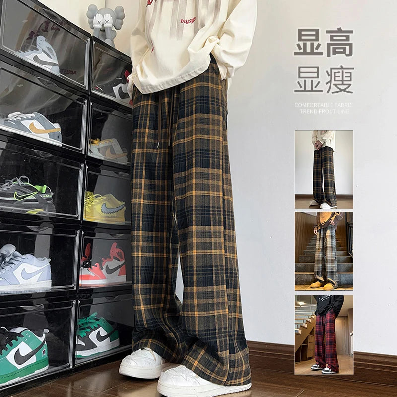 autumn plaid pants men oversized fashion retro casual pants men streetwear hip hop loose wide leg pants mens vintage trousers minimalist street pants
