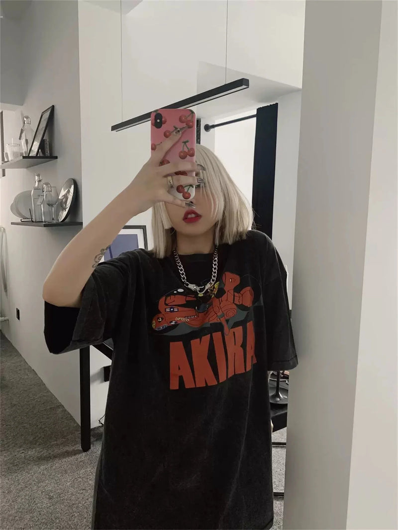 Y2K graphic tee featuring new vintage summer anime motorcycle printing retro high street cotton t shirt tops