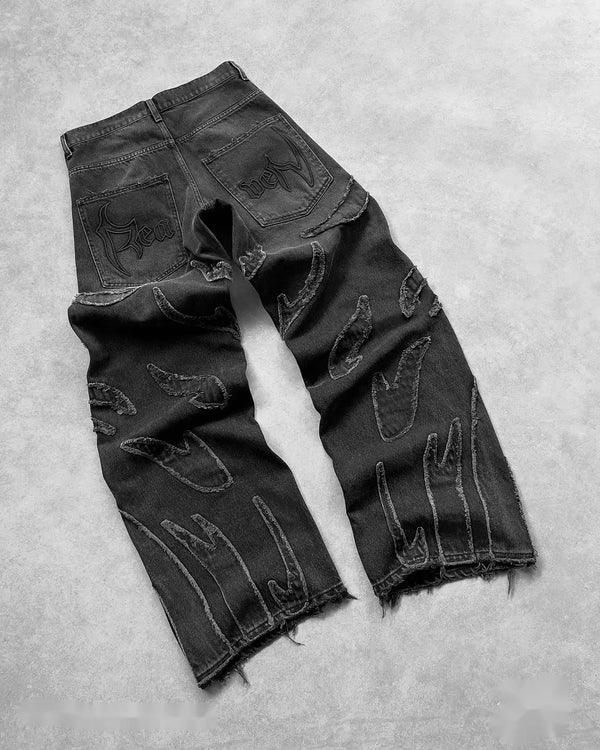 vintage y2k retro black baggy jeans for men hip hop punk raw edge embroidery jeans pattern patchwork high waisted denim pants vintage washed jeans