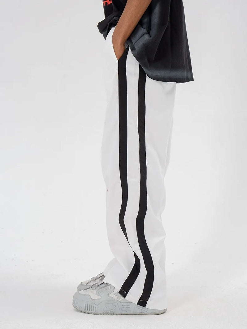 high street side striped spliced straight pants unisex elastic waist streetwear casual racing biker sportwear pants joggers men unique joggers style 4018