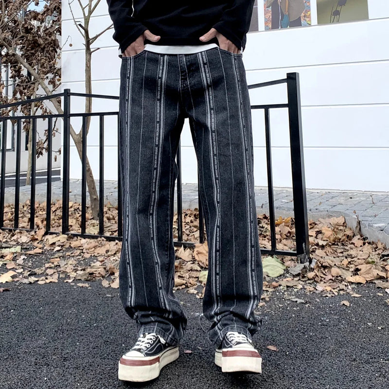 men streetwear brand fashion hip hop loose casual straight stripe motorcycle denim jeans pant cityboy y2k jeans trousers ripped baggy denim