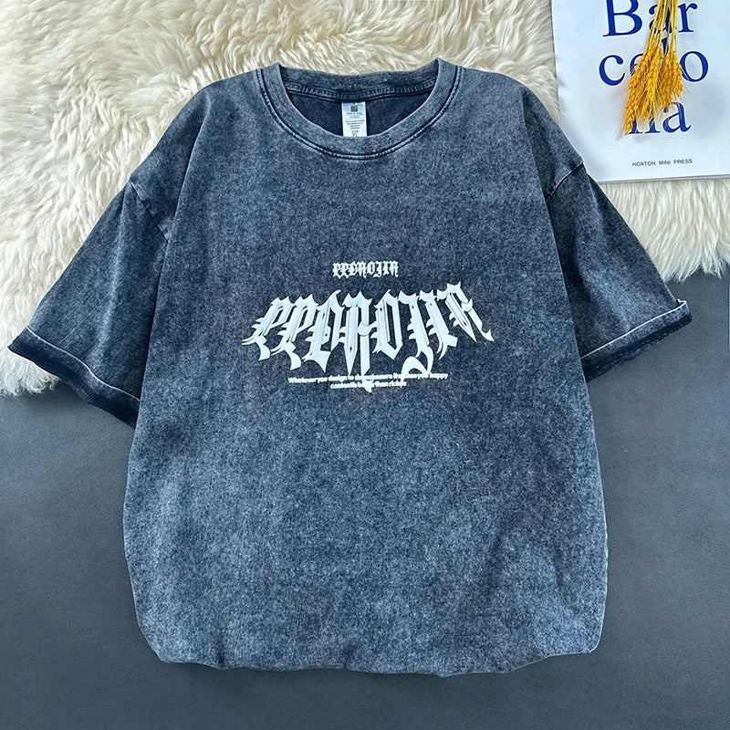 Gothic Melting smiley – Washed T Shirt Men Gothic Style Printed T Shirt Large Size L