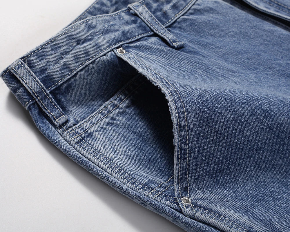 2024 new fashion blue pockets jeans for men and women streetwear casual cargo pants washed solid color denim trousers oversized baggy cargo bottoms