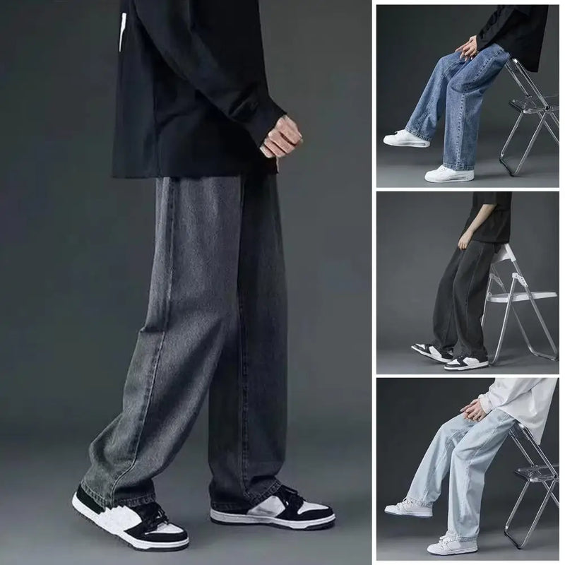 korean mens casual long jeans loose retro straight baggy pants denim wide leg pants light blue grey black retro washed jeans unique jeans style 1255