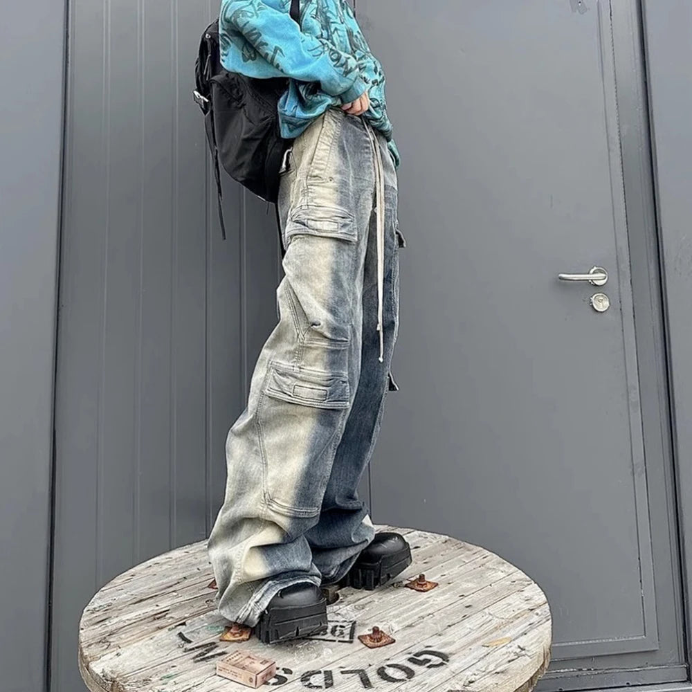 RO Style Gradient Ribbons Multi-pockets Drawstring Jeans for Men Harajuku Streetwear Baggy Y2K Denim Trousers Oversized Cargos