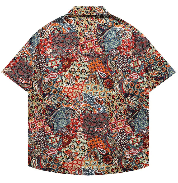 Plaid Cashew Flower Printed Short Sleeve Shirt Loose Stylish Tops High Street Casual Versatile Clothing