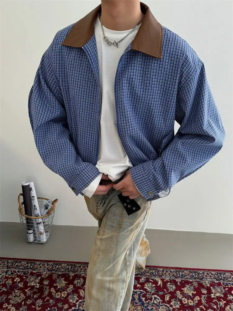 Fashionable Korean Style Personalized Plaid Short Jacket for Men 2024 Spring Autumn New High End Ins Stitching Leather Jacket