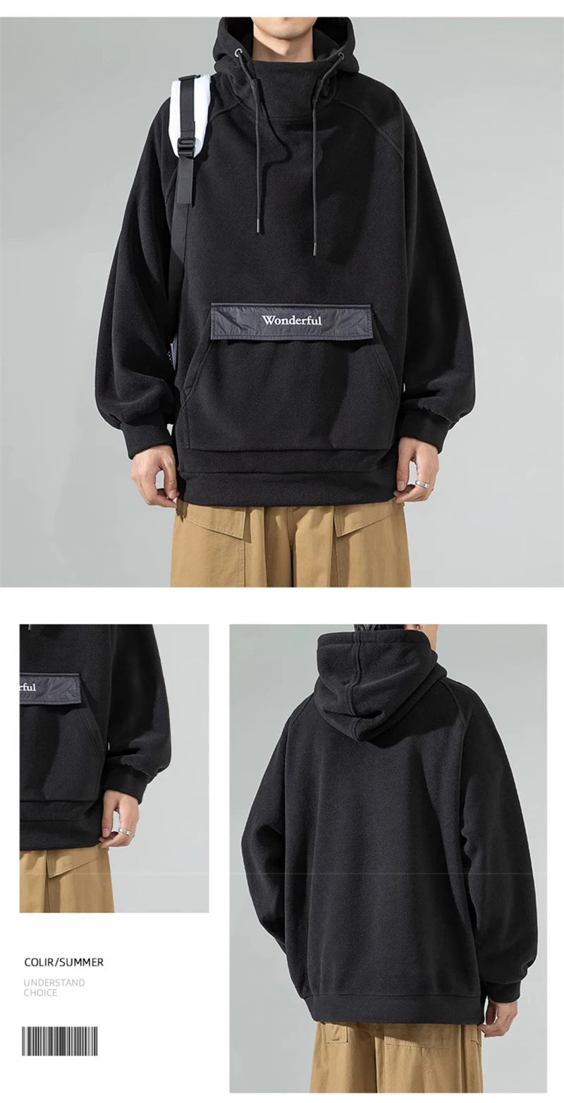 Autumn Polar Fleece Half Turtleneck Hoodies For Men Y2K Vintage Windproof Hooded Sweatshirts Casual Streetwear Pullover