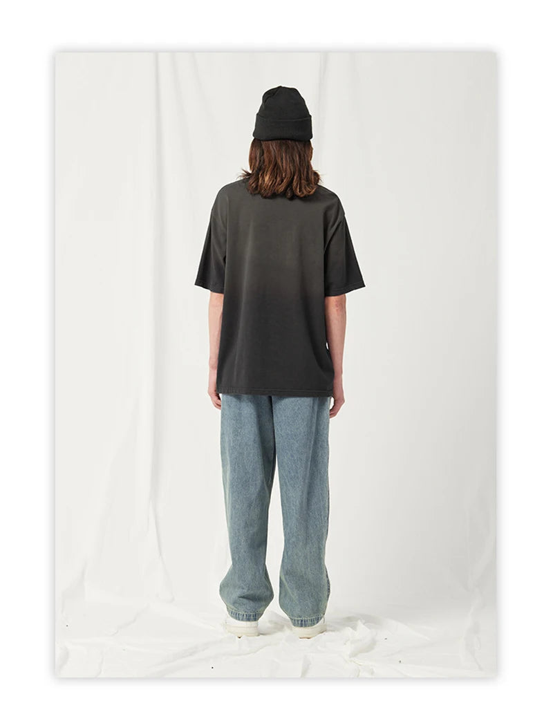 Spring Summer New Products Fried Color Wash Water Gradient Color Loose Short-sleeved Casual Basic Bottoming Round Neck