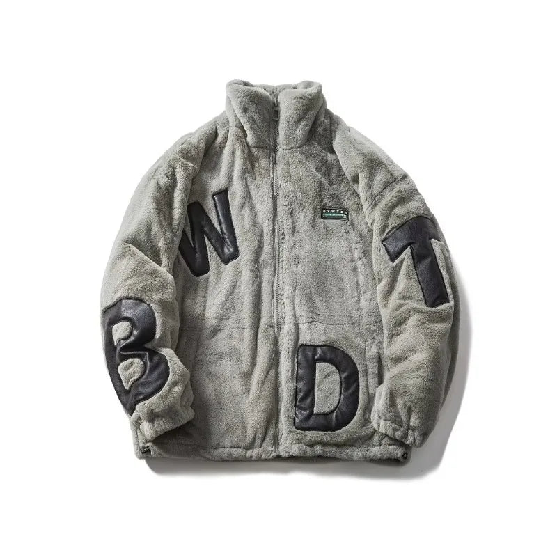 Street Lamb Wool Jacket Mens 2024 Winter Stand Collar Letter Patchwork College Parkas Fleece Warm New Thickening Couple Coats