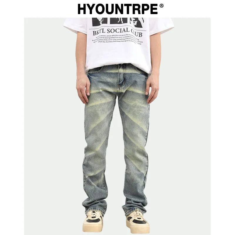 retro striped washed denim jeans flare pants unisex hip hop fashion streetwear harajuku loose straight y2k mens jeans joggers sporty tapered joggers