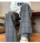 mens plaid pants baggy winter trendy fleece loose straight wide leg mopping trousers unisex thick velvet warm long pants unique default style 1122