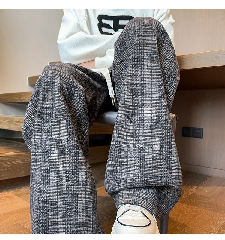 mens plaid pants baggy winter trendy fleece loose straight wide leg mopping trousers unisex thick velvet warm long pants unique default style 1122