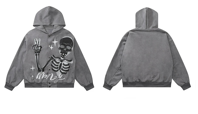 mens hip hop hoodie jacket fashion skull printed single button hooded suede sweashirts harajuku casual punk streetwear hoodie - variant style b14940 for streetwear fashion