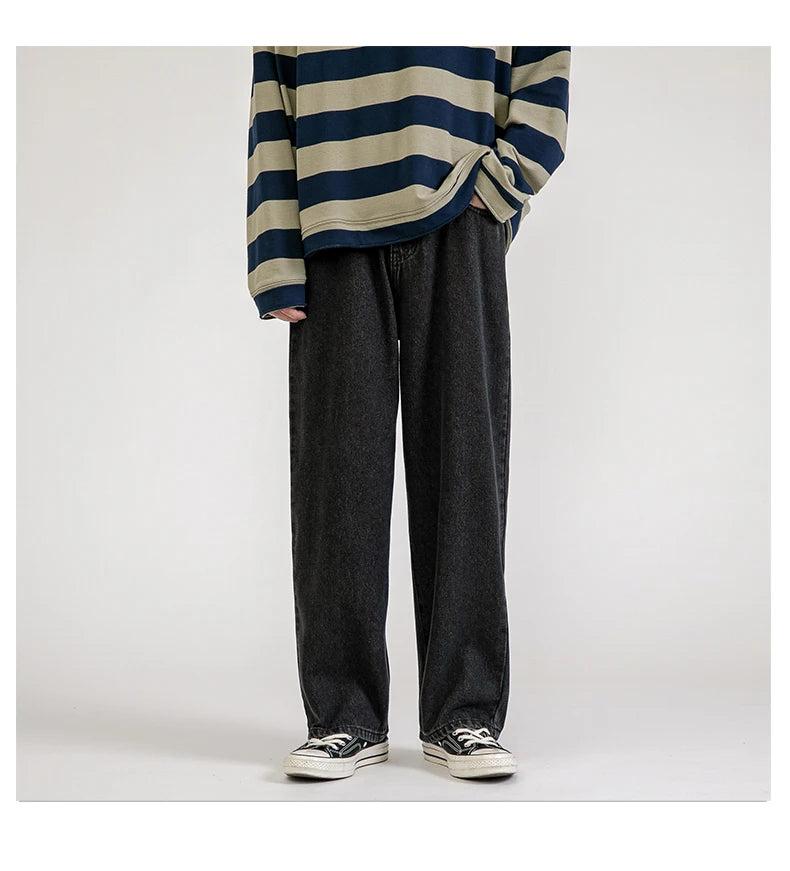 korean fashion mens baggy jeans classic all match solid color straight leg denim wide leg pants male light blue grey black unique jeans style 1134