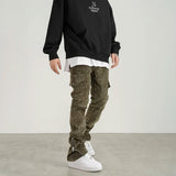 mens corduroy cargo pants new casual hip hop side pockets skinny trousers streetwear bottom zipper fashion slim fit pant joggers unique joggers style 4099