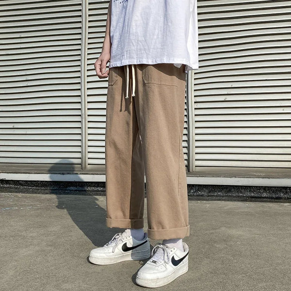 100 cotton pants men fashion khaki black casual pants men japanese streetwear loose straight wide leg pants mens trousers m 2xl menswear bottoms