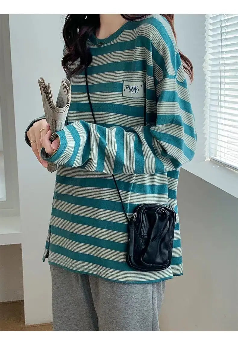 Y2k Vintage print – Design Niche Slit Striped Bottoming Shirt Women Autumn And W