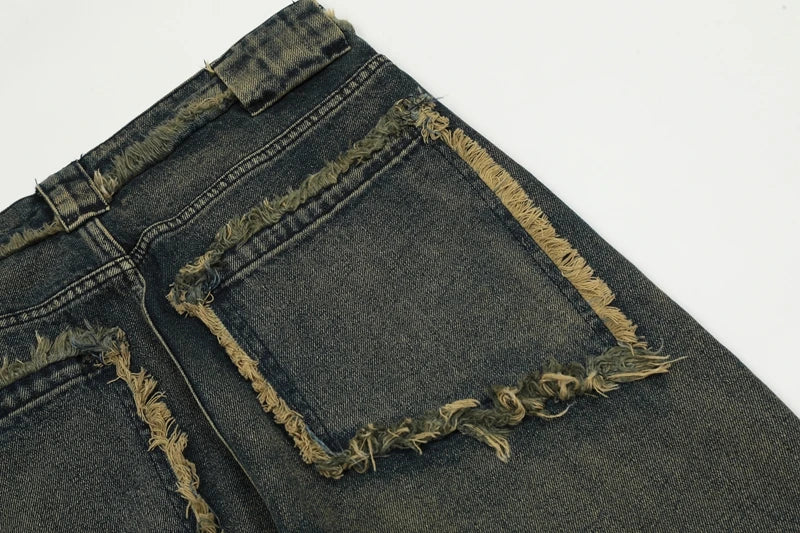 streetwear heavy craft washed distressed faded jeans flare slim straight tassel jeans for men and women raw edge denim pants unique jeans style 675