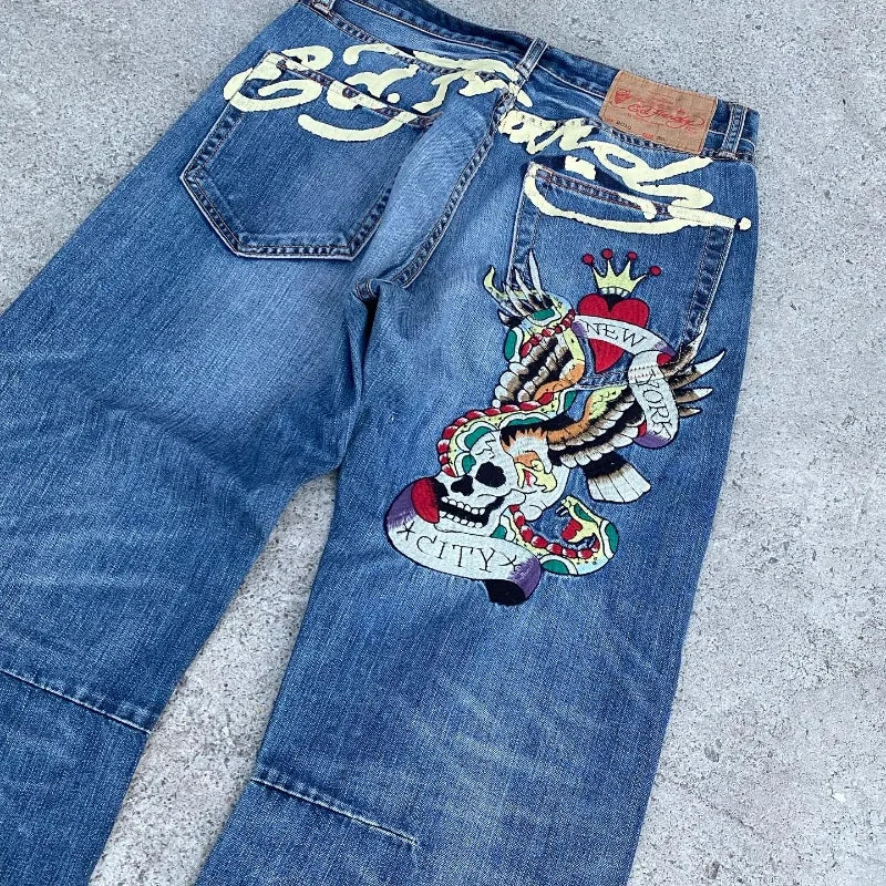 gothic hip hop skull embroidery jeans for men casual y2k high waist wide leg baggy jeans retro straight denim pants streetwear unique jeans style 863